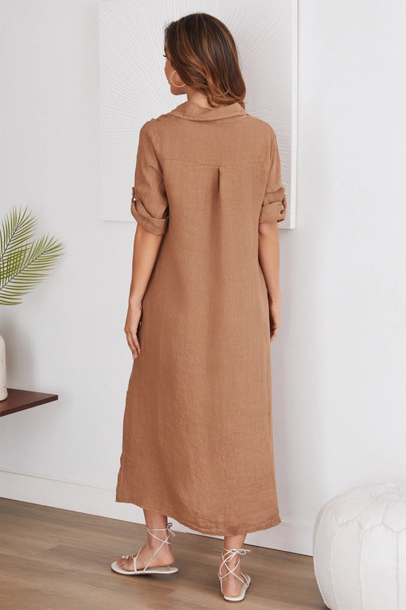 Short Sleeve Button Down Linen Long Dress CAMEL-Dress-VENTI6-S-Urbanheer