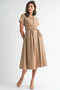 Short Sleeve Collared Midi Dress with Pearl Detail - Light Mocha
