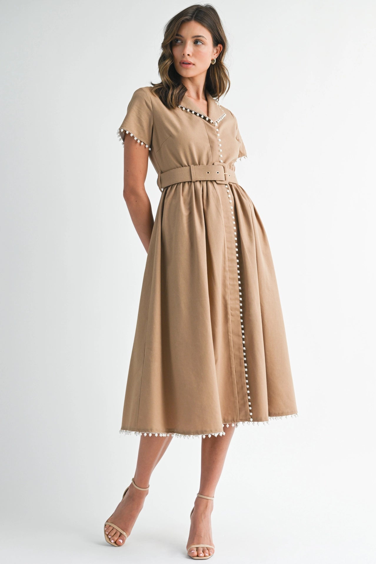 short sleeve collared midi dress Short Sleeve Collared Midi Dress with Pearl Detail