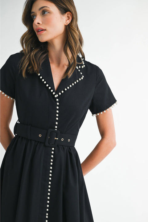 Short Sleeve Collared Midi Dress with Pearl Detail - Light Mocha