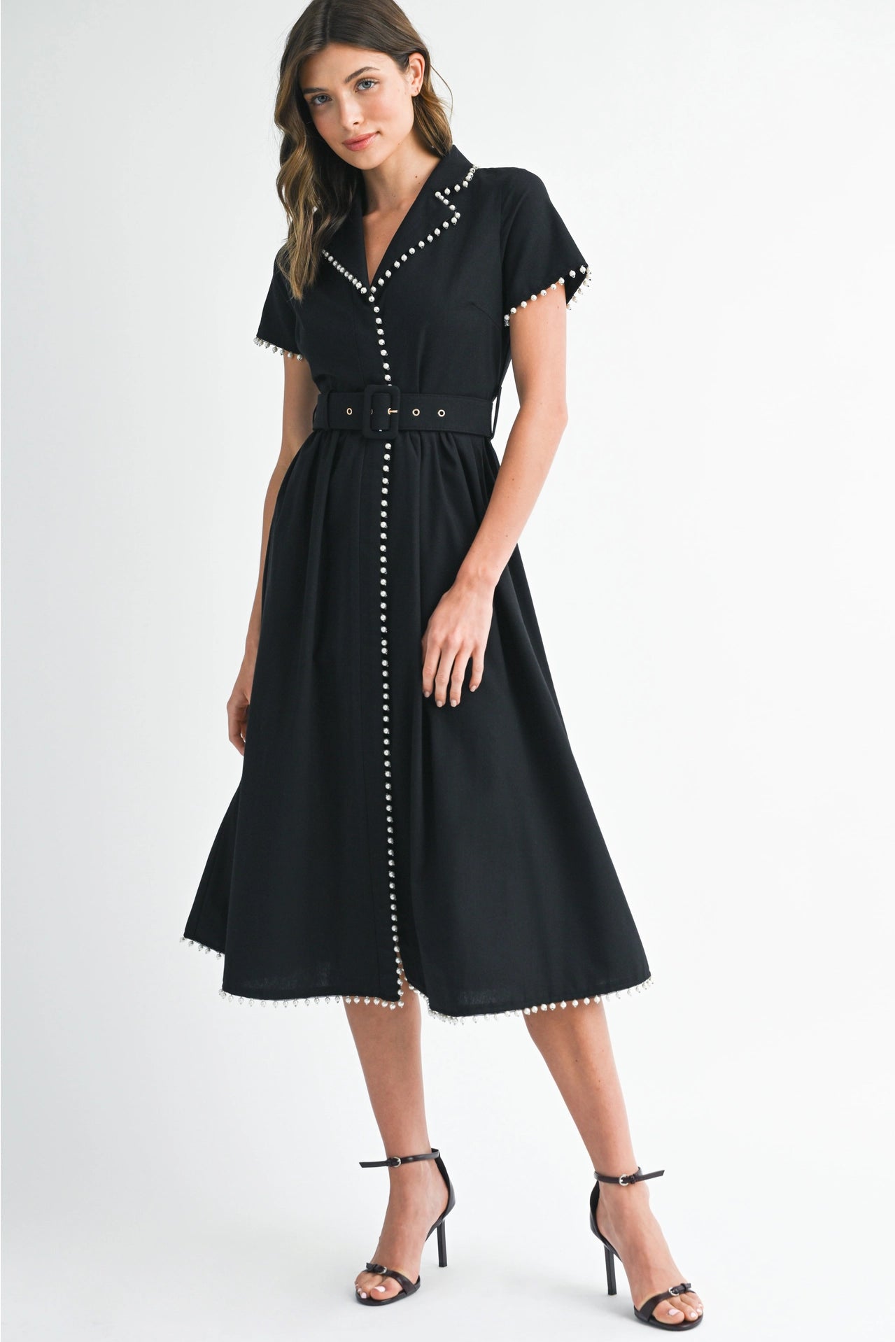 Short Sleeve Collared Midi Dress with Pearl Detail - Black