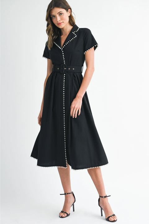Short Sleeve Collared Midi Dress with Pearl Detail - Light Mocha