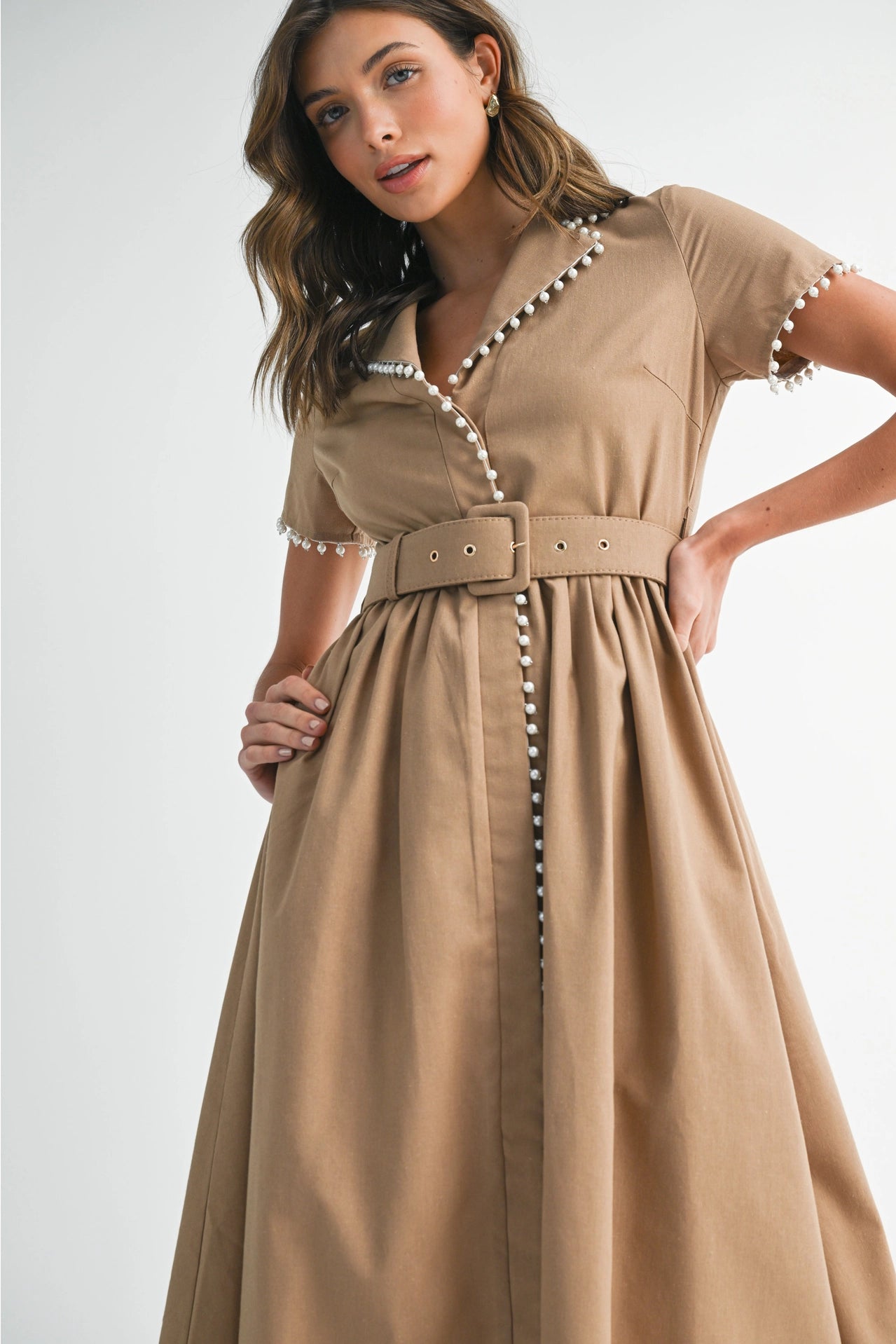 short sleeve collared midi dress Short Sleeve Collared Midi Dress with Pearl Detail - Light Mocha