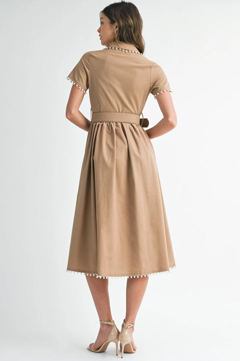 Short Sleeve Collared Midi Dress with Pearl Detail - Light Mocha