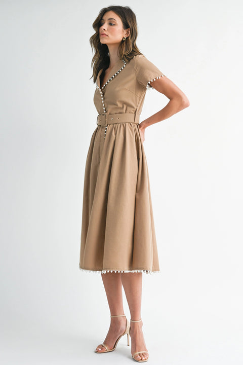 Short Sleeve Collared Midi Dress with Pearl Detail - Light Mocha