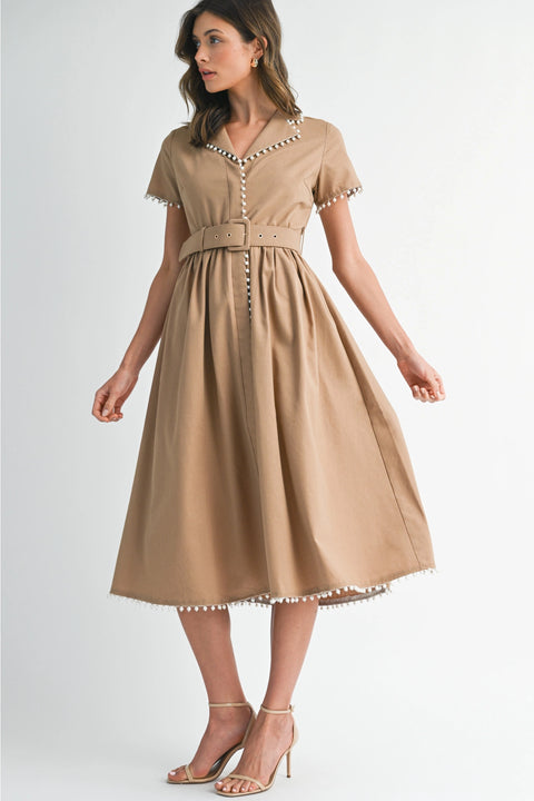 Short Sleeve Collared Midi Dress with Pearl Detail - Light Mocha