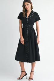 Short Sleeve Collared Midi Dress with Pearl Detail - Black
