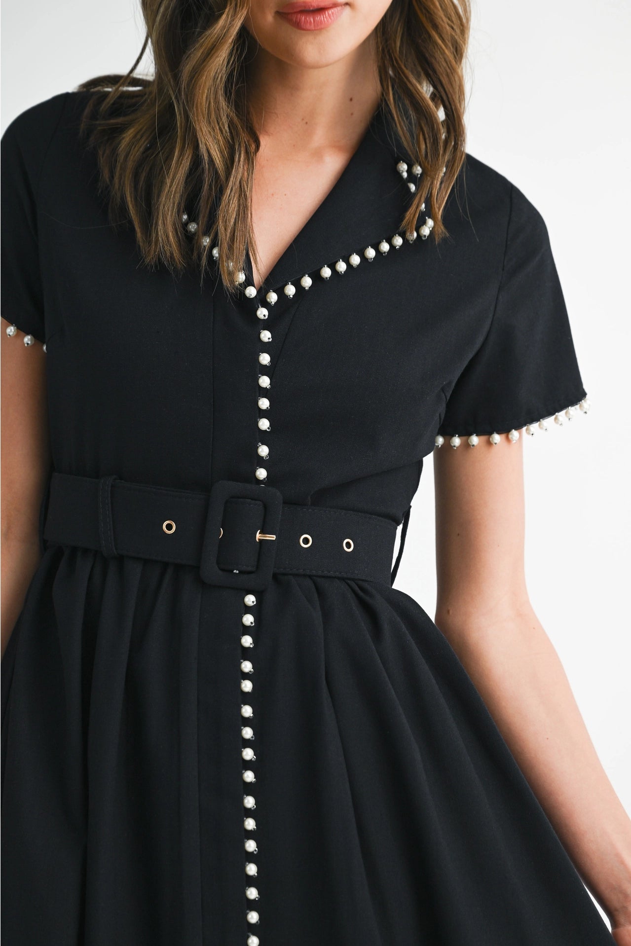 Short Sleeve Collared Midi Dress with Pearl Detail - Black
