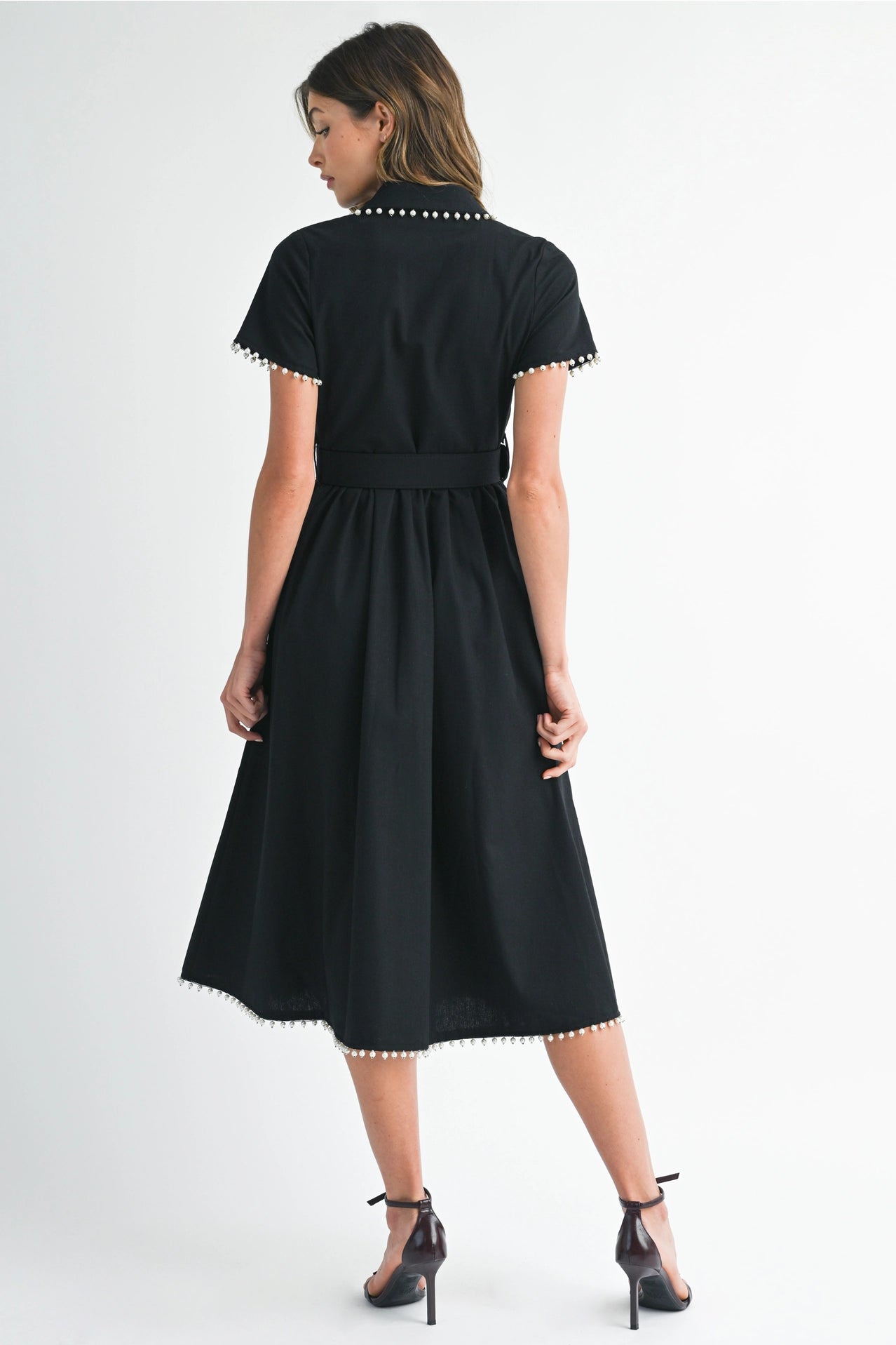 Short Sleeve Collared Midi Dress with Pearl Detail - Black
