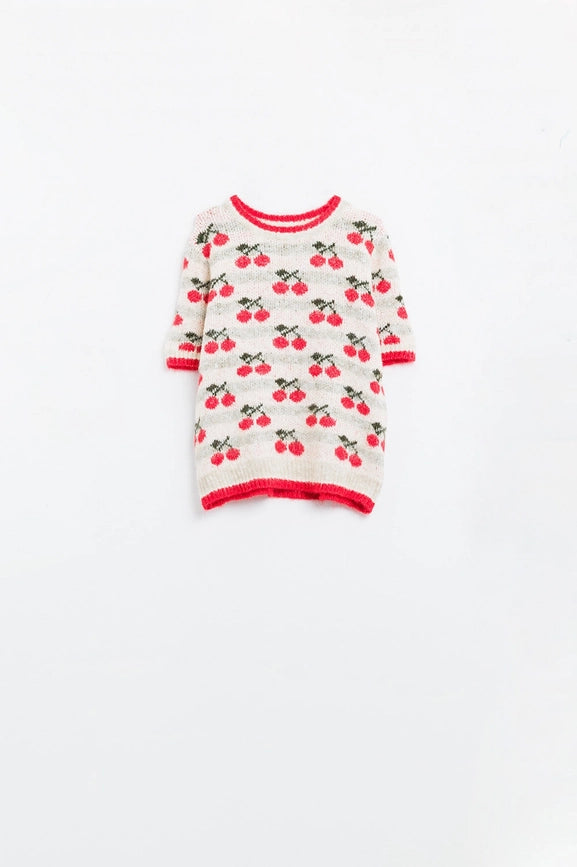 Short Sleeve Ecru Sweater with Cherry Print-Sweater-Q2-One Size-White-Urbanheer