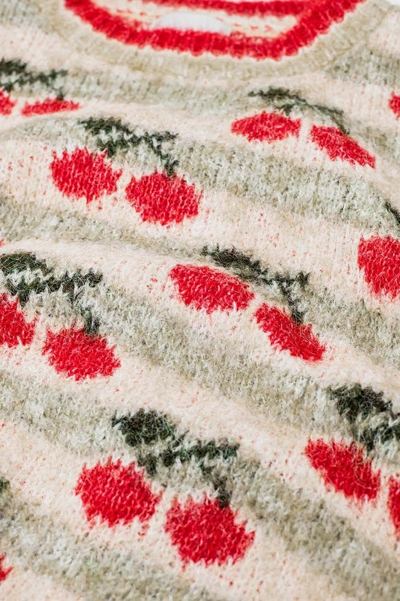 Short Sleeve Ecru Sweater with Cherry Print-Sweater-Q2-One Size-White-Urbanheer