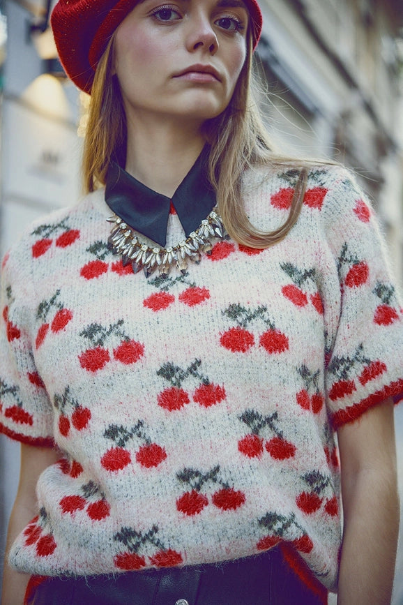 Short Sleeve Ecru Sweater with Cherry Print-Sweater-Q2-One Size-White-Urbanheer
