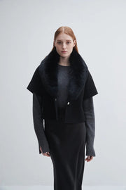 Short-Sleeve Jacket with Fur Collar-Jacket-Pissenlit-S-Black-Urbanheer