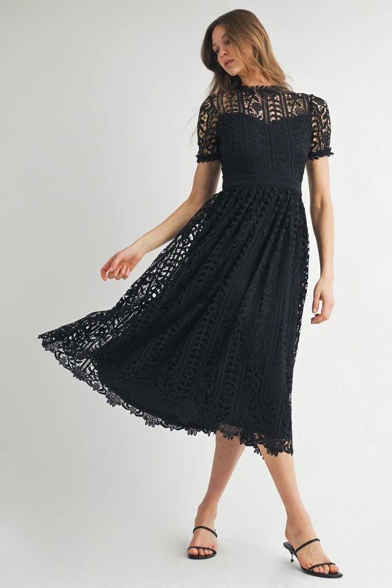 Short Sleeve Lace Midi Dress Black-Dress-Endless Blu-S-Black-Urbanheer
