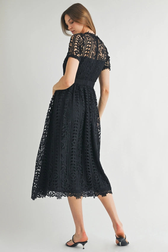 Short Sleeve Lace Midi Dress Black-Dress-Endless Blu-S-Black-Urbanheer