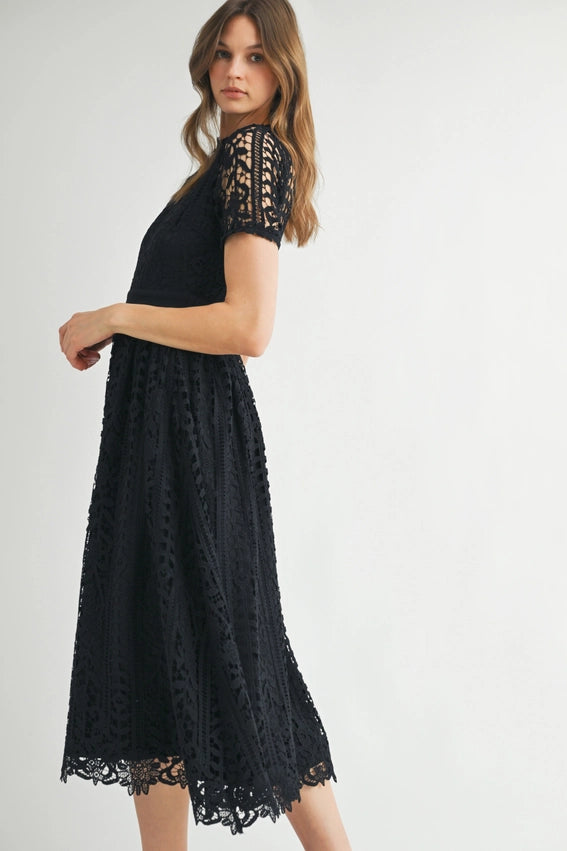 Short Sleeve Lace Midi Dress Black-Dress-Endless Blu-S-Black-Urbanheer