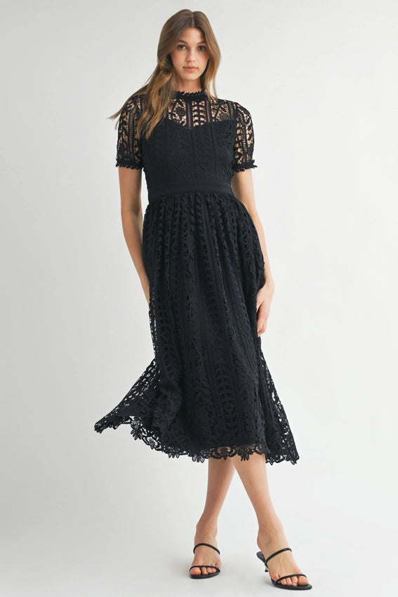 Short Sleeve Lace Midi Dress Black-Dress-Endless Blu-S-Black-Urbanheer