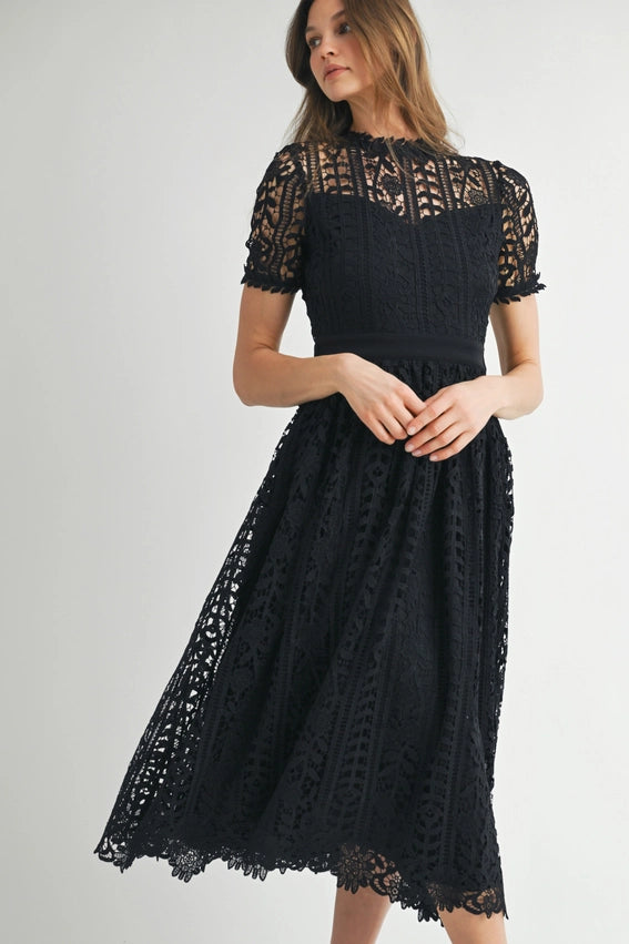 Short Sleeve Lace Midi Dress Black-Dress-Endless Blu-S-Black-Urbanheer