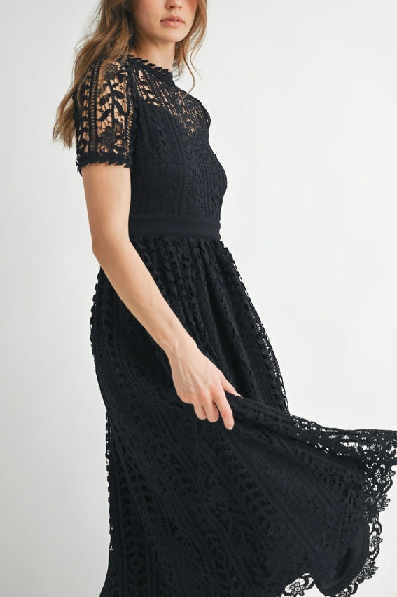 Short Sleeve Lace Midi Dress Black-Dress-Endless Blu-S-Black-Urbanheer