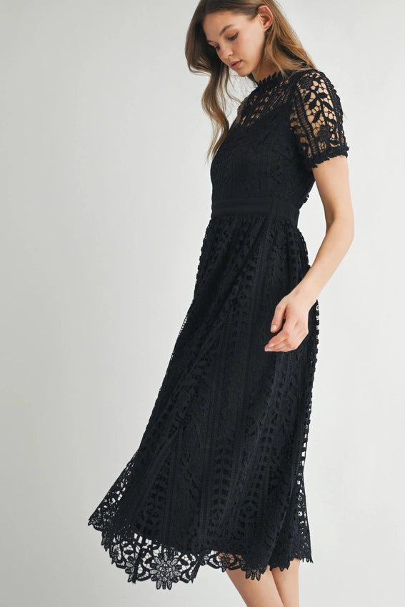 Short Sleeve Lace Midi Dress Black-Dress-Endless Blu-S-Black-Urbanheer