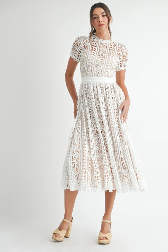 Short Sleeve Lace Midi Dress White-Dress-Endless Blu-S-White-Urbanheer