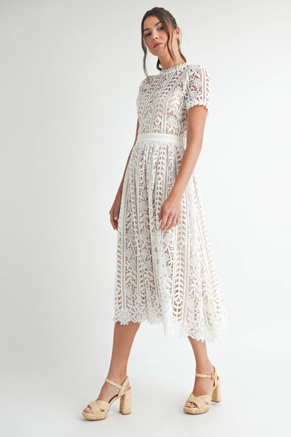 Short Sleeve Lace Midi Dress White-Dress-Endless Blu-S-White-Urbanheer