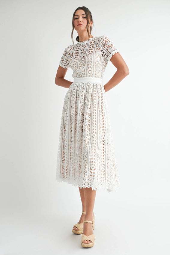 Short Sleeve Lace Midi Dress White-Dress-Endless Blu-S-White-Urbanheer