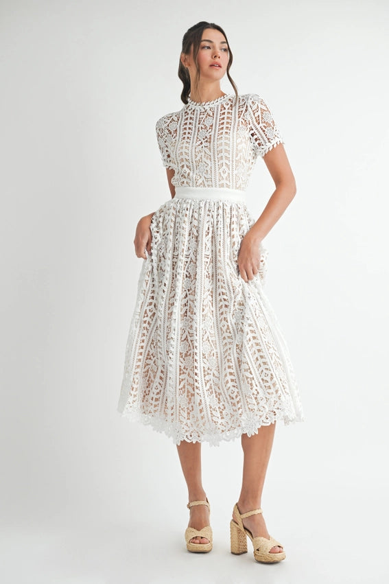 Short Sleeve Lace Midi Dress White-Dress-Endless Blu-S-White-Urbanheer