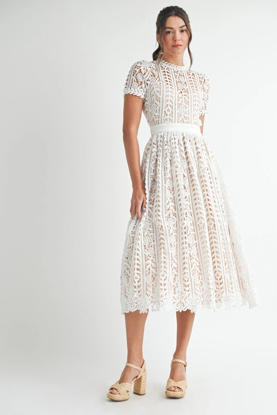 Short Sleeve Lace Midi Dress White-Dress-Endless Blu-S-White-Urbanheer
