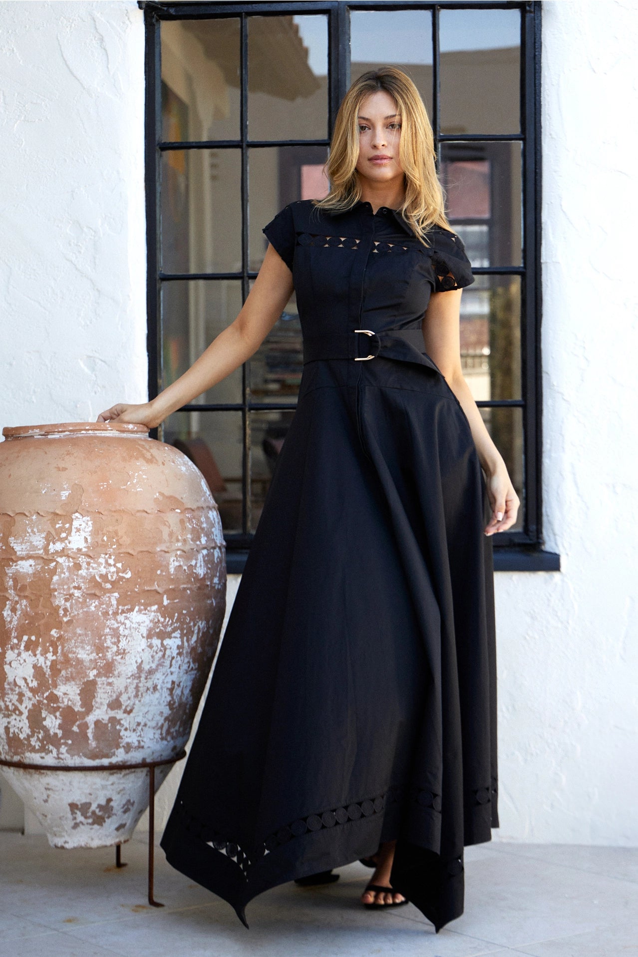 Short Sleeve Lace Trim Belted Maxi Dress