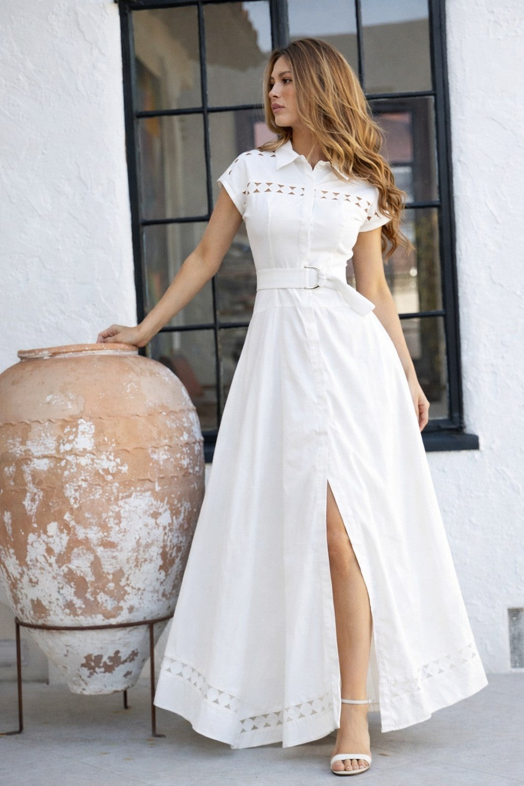 Short Sleeve Lace Trim Belted Maxi Dress