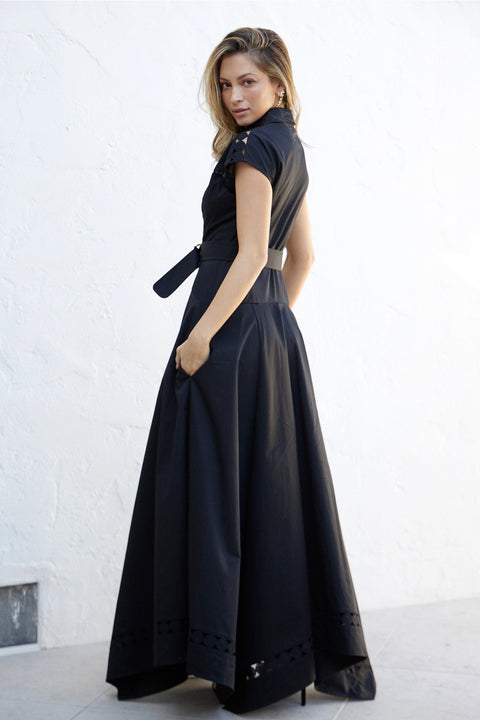 Short Sleeve Lace Trim Belted Maxi Dress