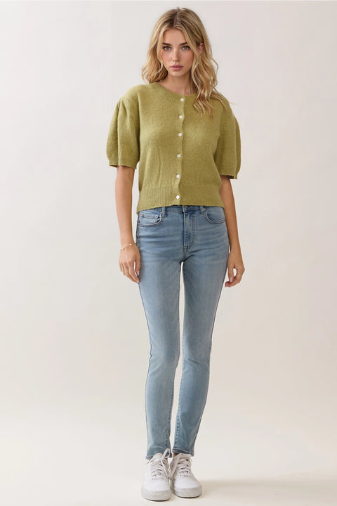 Short Sleeve Puff Sleeve Knit Cardigan Top