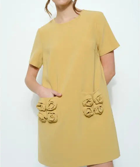 Short Sleeve Rose Pocket Shift Mini Dress MUSTARD-Dress-INA-S-MUSTARD-Urbanheer