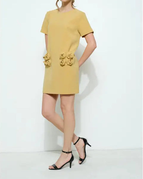 Short Sleeve Rose Pocket Shift Mini Dress MUSTARD-Dress-INA-S-MUSTARD-Urbanheer