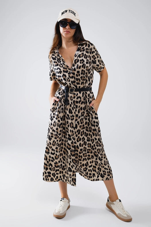 Short Sleeve Shirt Midi Dress with Belt in Leopard Print-Dress-Q2-S-Brown-Urbanheer