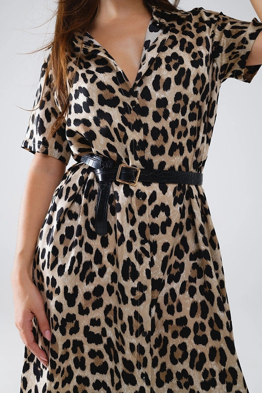 Short Sleeve Shirt Midi Dress with Belt in Leopard Print-Dress-Q2-S-Brown-Urbanheer