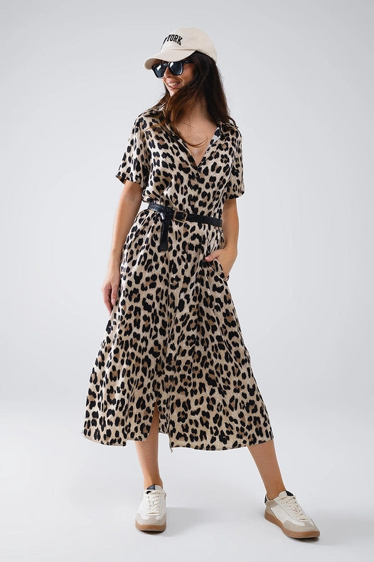 Short Sleeve Shirt Midi Dress with Belt in Leopard Print-Dress-Q2-S-Brown-Urbanheer