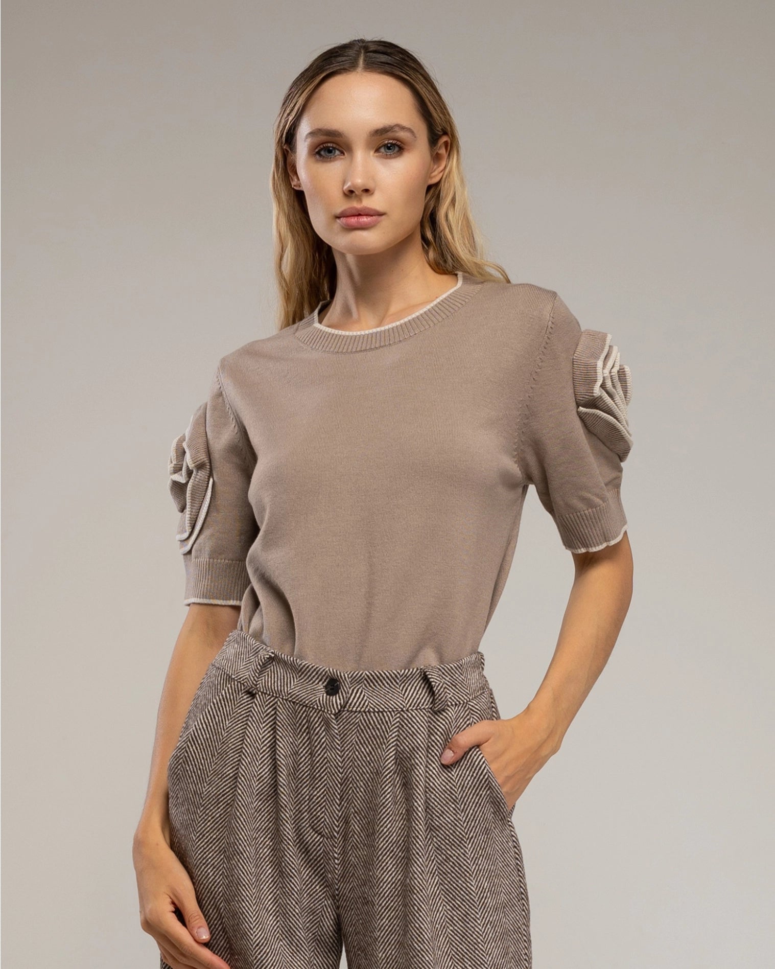 Short-Sleeve Sweater with Flowers On the Sleeves in Taupe