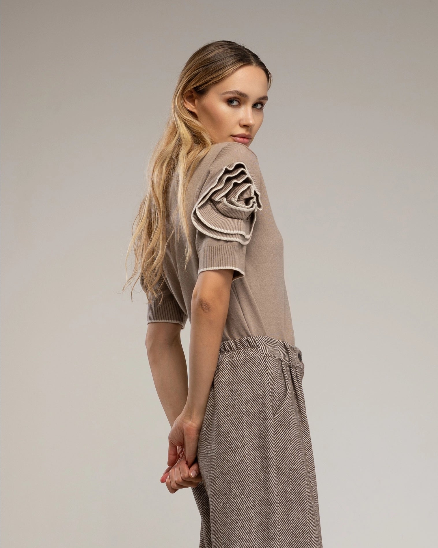 Short-Sleeve Sweater with Flowers On the Sleeves in Taupe