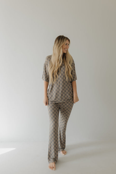 Short Sleeve Women's Bamboo Pajama | Faded Brown Checkerboard
