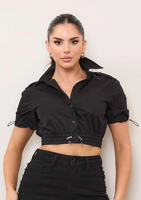 Short Sleeve Woven Shirts Black-Shirts for Women-Vibrant M.i.U-S-Black-Urbanheer