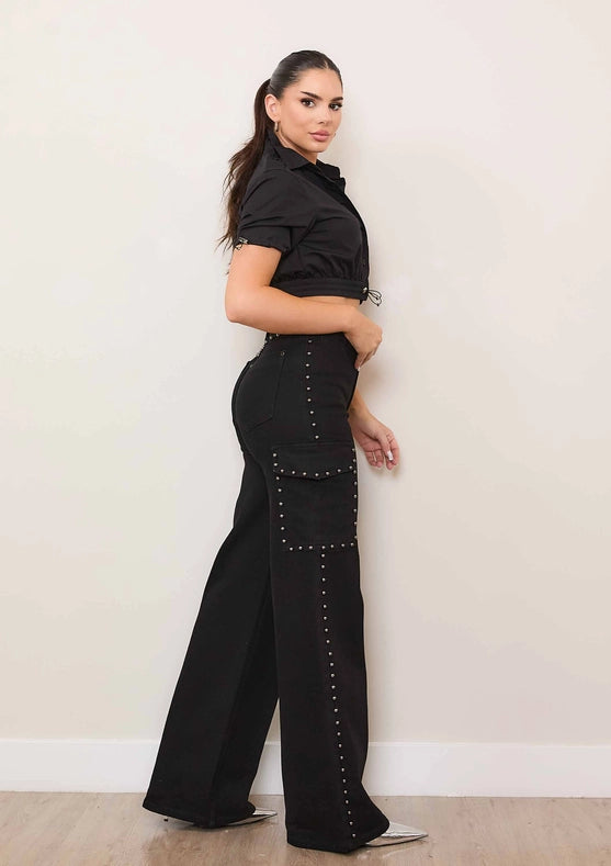 Short Sleeve Woven Shirts Black-Shirts for Women-Vibrant M.i.U-S-Black-Urbanheer