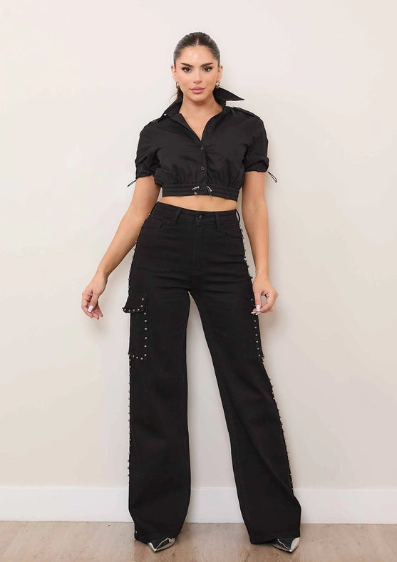 Short Sleeve Woven Shirts Black-Shirts for Women-Vibrant M.i.U-S-Black-Urbanheer