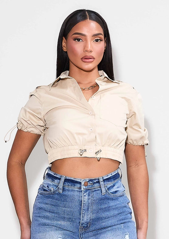 Short Sleeve Woven Shirts Sand-Shirts for Women-Vibrant M.i.U-S-Sand-Urbanheer