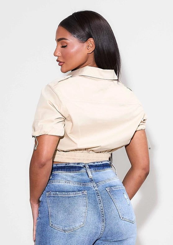 Short Sleeve Woven Shirts Sand-Shirts for Women-Vibrant M.i.U-S-Sand-Urbanheer