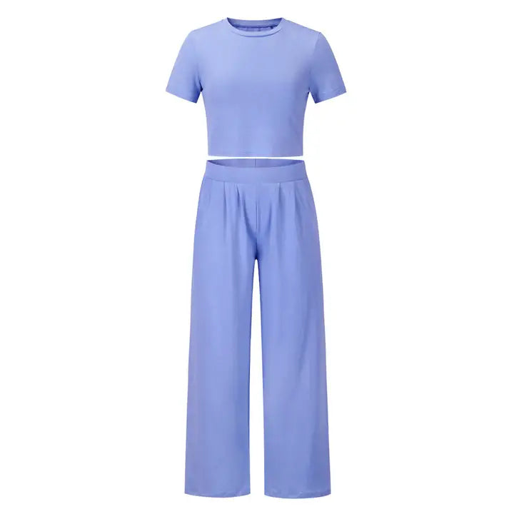 Short Sleeves Solid Two Piece Suit BLUE-Suit-OceanusSwim-S-BLUE-Urbanheer