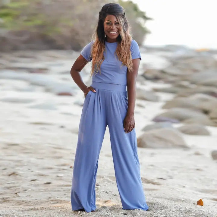 Short Sleeves Solid Two Piece Suit BLUE-Suit-OceanusSwim-S-BLUE-Urbanheer