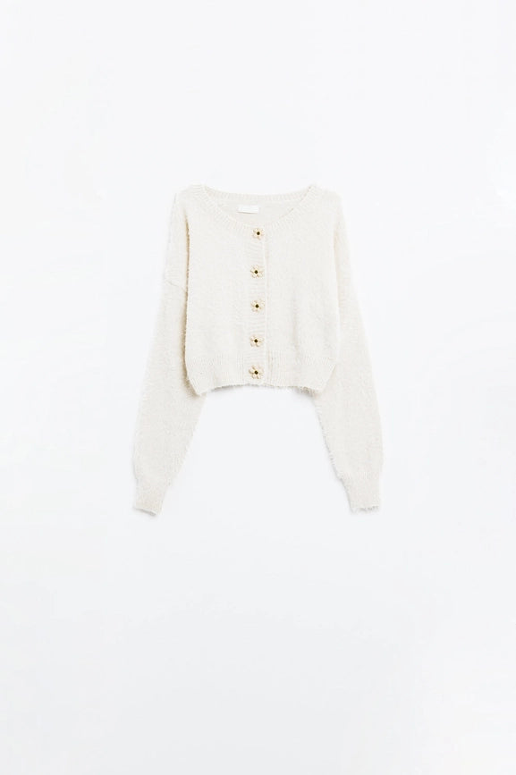 Short and Fluffy Cream Cardigan with Flower Buttons-Cardigan-Q2-One Size-Beige-Urbanheer