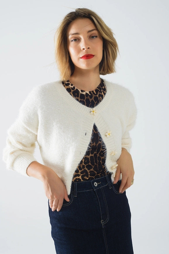 Short and Fluffy Cream Cardigan with Flower Buttons-Cardigan-Q2-One Size-Beige-Urbanheer